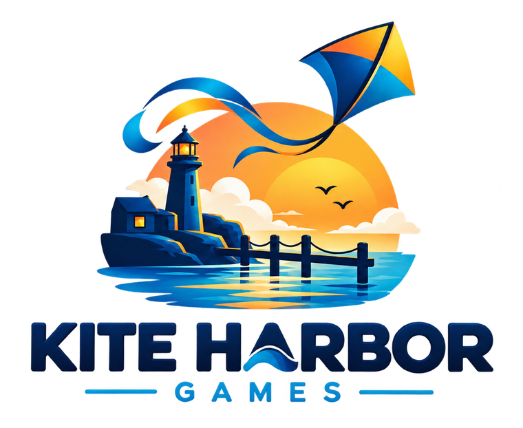 Kite Harbor Games: a kite flying over a lighthouse harbor at sunset